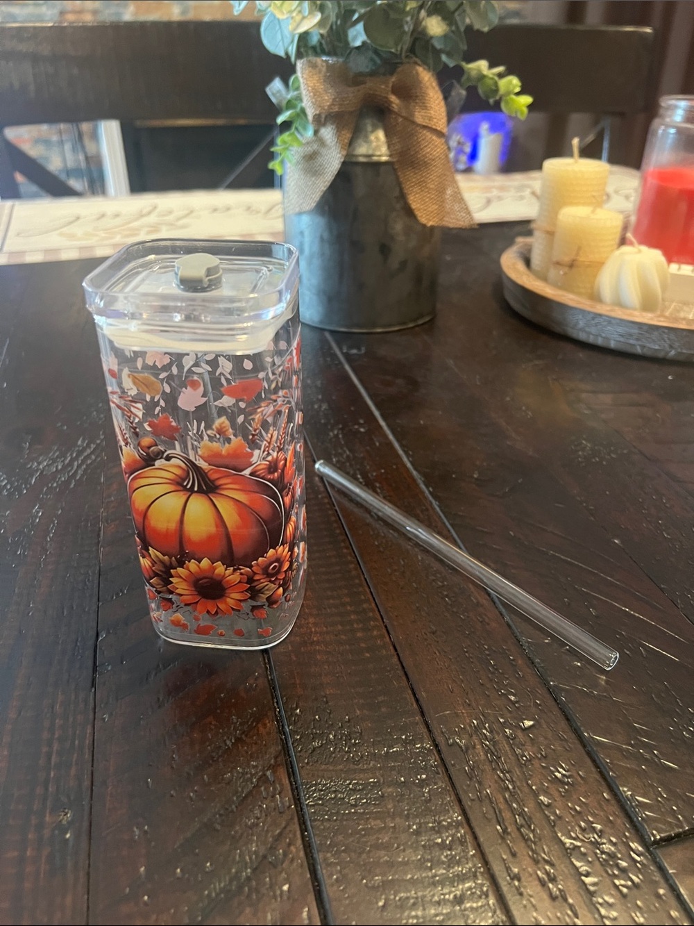 Orange Pumpkin Floral Acrylic Tumbler with Straw - Home Dining